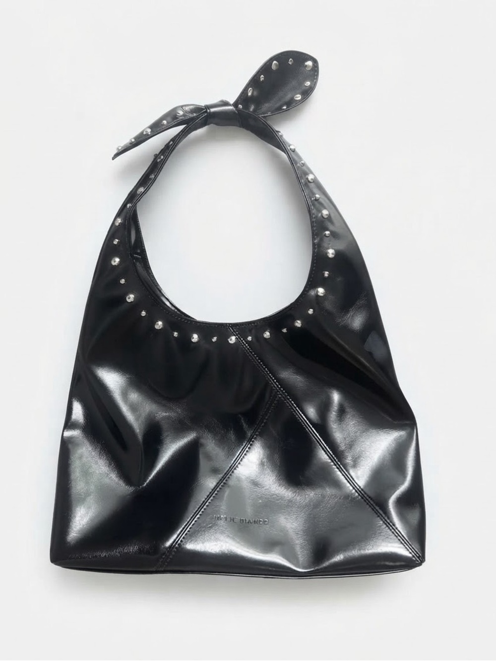 Like New Melie Bianco Black Patent Studded Hobo Shoulder Bag Bow